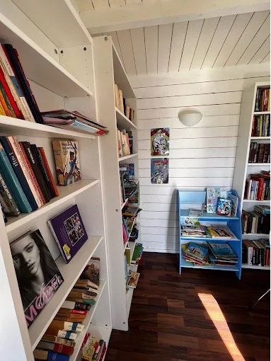 Small campsite library with bookshelves